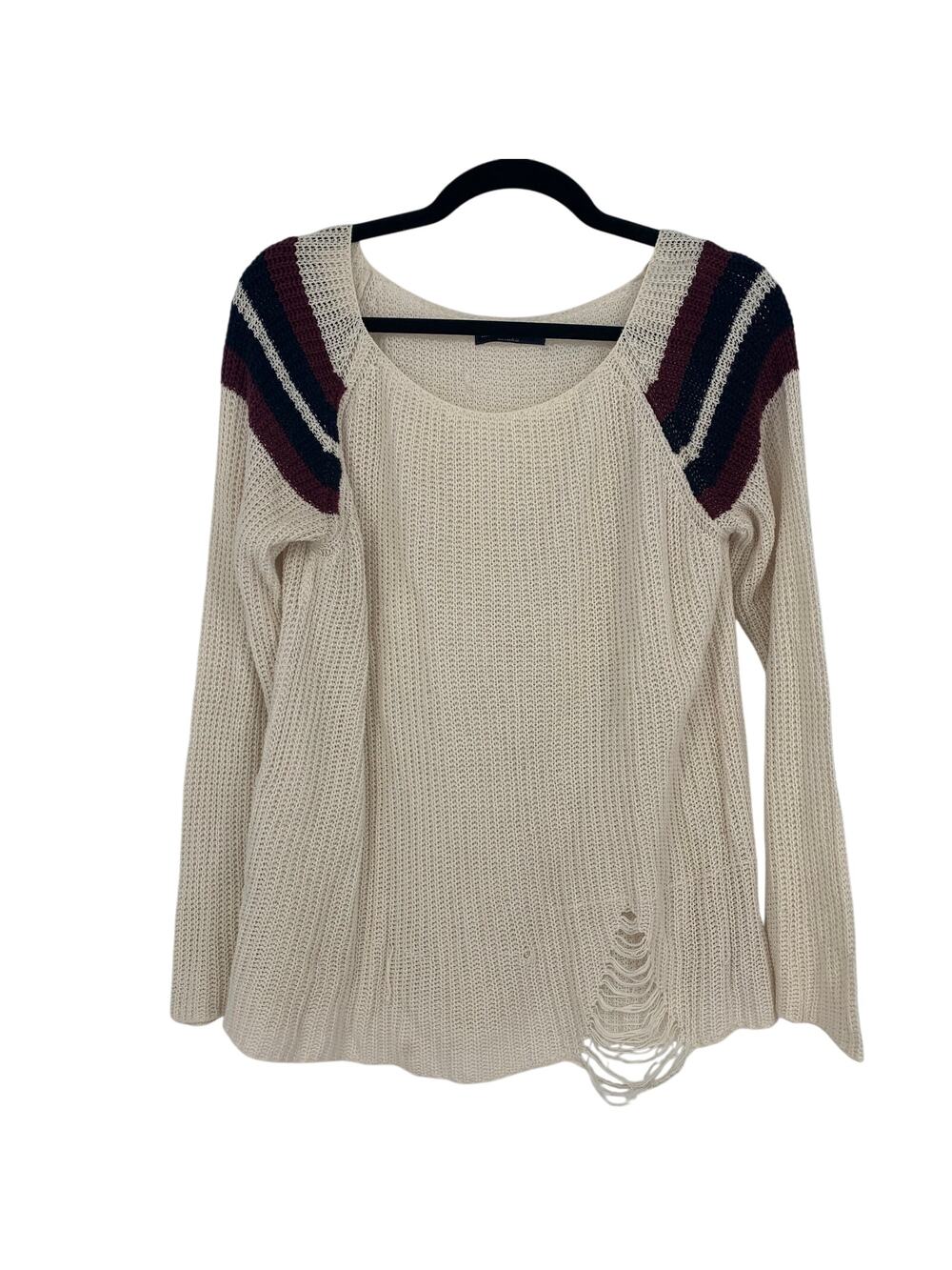 Brandy Melville Cotton Knit Cream Sweater with Stripe Shoulder and Distress OSFM